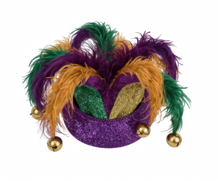Striking High-Resolution Stock Photo, A Vibrant Mardi Gras Jester Hat Adorned with Feathers and Bells