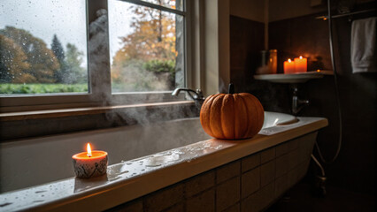 Cozy bathroom scene features pumpkin shaped candle and real pumpkin on tub edge, with steam rising and rain visible through window, creating moody atmosphere