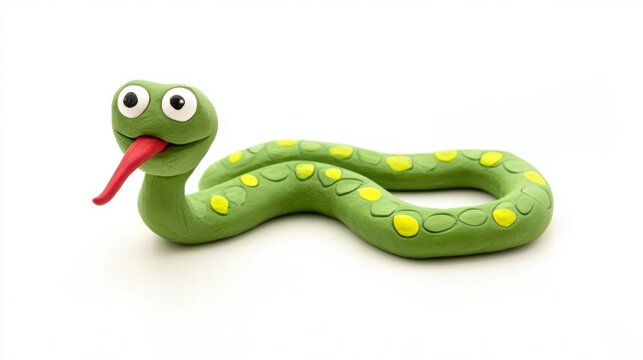 Playful green clay snake figurine isolated on white background. - Powered by Adobe