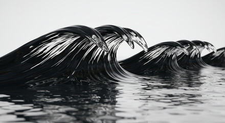 A series of dark, glossy waves crest and roll forward, creating a rhythmic pattern against a bright, neutral background. The water reflects light, emphasizin...