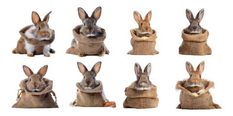 Cute Rabbits in Burlap Sacks Displaying Various Poses and Expressions