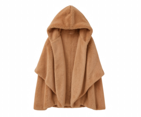 Stylized high resolution stock photo of a cozy oversized hooded sherpa shawl jacket in soft light