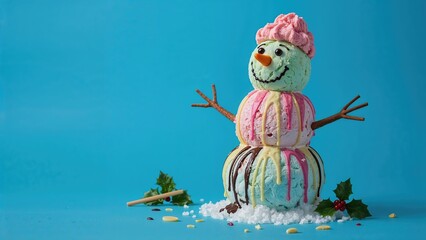 Frozen dessert snowman set on a bright azure background. Theme of winter celebrations.