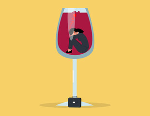 A businesswoman trapped inside a wine glass, portraying the concept of addiction and corporate struggle.