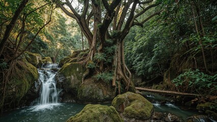 Fototapeta premium Mini waterfall surrounded by subtropical vegetation
