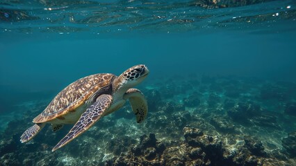 Obraz premium Turtle making a slow approach to the coral formation