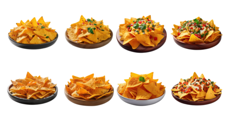 Delicious Nachos Variants with Toppings on Different Plates, PNG bundle collection, Isolated on Transparent Background