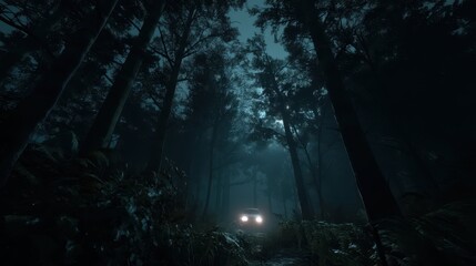 Fototapeta premium Mysterious Night Scene in a Dark Forest with Car Headlights