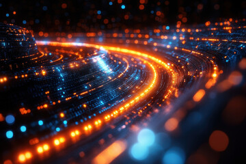 Glowing lights in futuristic tunnel.