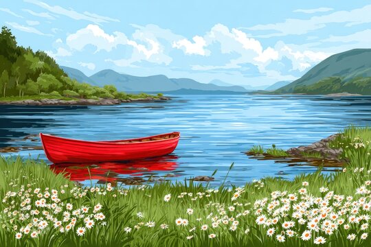 Red canoe on a tranquil lake surrounded by greenery.