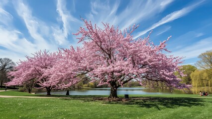 Flowering cherry trees in a metropolitan park