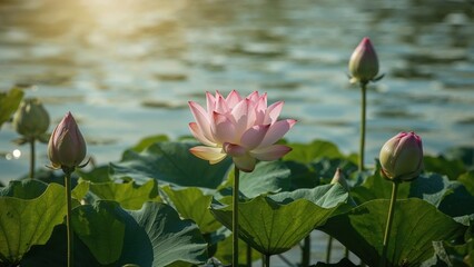 Summer scene of lotus bloom, lotus leaf, and lotus seed