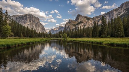 Fototapeta premium Early morning Yosemite Falls mirrored flawlessly by the Merced River and adjacent meadow