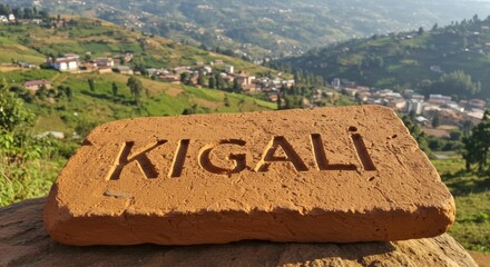 Kigali terracotta inscription with panoramic hillside and green urban view