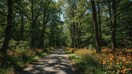 Fototapeta premium A scenic route enclosed by tall foliage and vibrant plants within a woodland setting