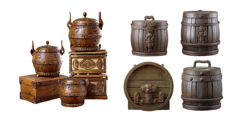 Antique Wooden Containers and Decorative Pots, PNG collection, set bundle, isolate on transparent or white background
