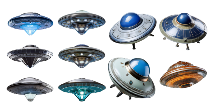 Futuristic UFO Spaceships Collection in Various Designs and Colors, isolated on transparent background