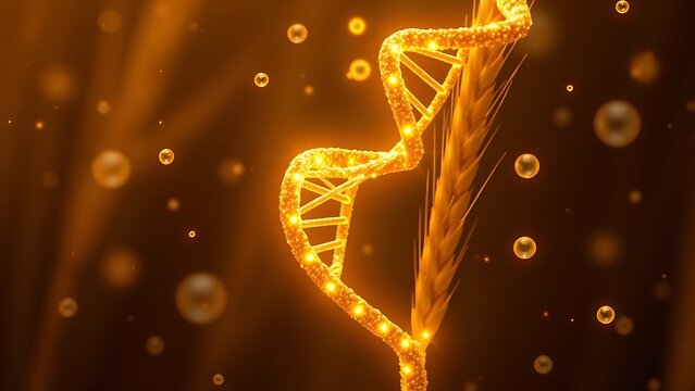 A luminous DNA helix wrapped around a golden wheat stalk with glowing carbohydrate molecules orbiting like planets.