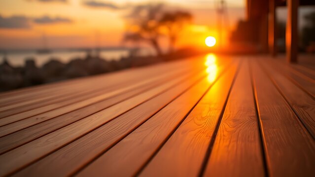 A wooden deck stretches toward the horizon, bathed in warm sunset light with a soft glow.