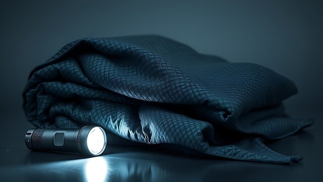 Japan Disaster Prevention survival blanket and flashlight on gray backdrop, symbolizing preparedness and resilience.