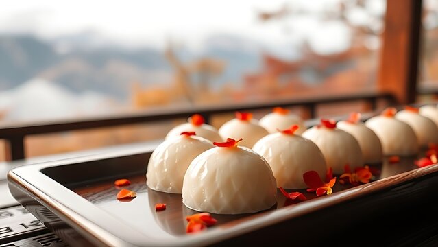 Crisp white mochi with edible chrysanthemum petals on lacquered tray, misty autumn mountains in tranquil backdrop.
