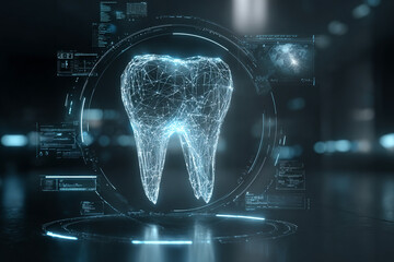 A digital model of a tooth around which information diagrams revolve