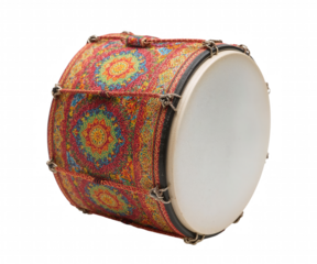 Vibrant ethnic drum with intricate textile patterns evokes global rhythms and cultural heritage against a dark setting