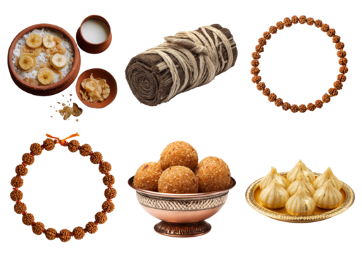 Indian sweets and religious items isolated on a transparent background