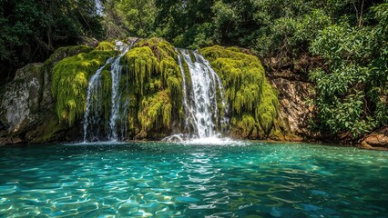 Fototapeta premium Water flowing over mossy rocks with pristine clarity
