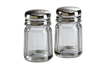 Classic Glass Salt and Pepper Shakers with Silver Caps, Front View Pair, Isolated on Transparent Background PNG