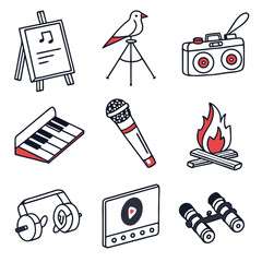 Illustration Art Vector Set with Bird Easel Boombox Keyboard and Microphone Icons in Cartoon Style