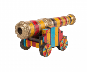 Vibrant Handcrafted Cannon Model a Playful Replica of Historical Artillery in Bright, Bold Colors with a touch of whimsy