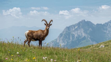 Obraz premium Summer landscape featuring a chamois grazing in a mountainous nature park