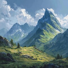 Obraz premium Green Hills and Mountain Peaks