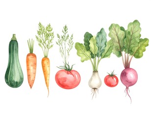 Watercolor illustration of fresh vegetables on a white background for healthy eating concept