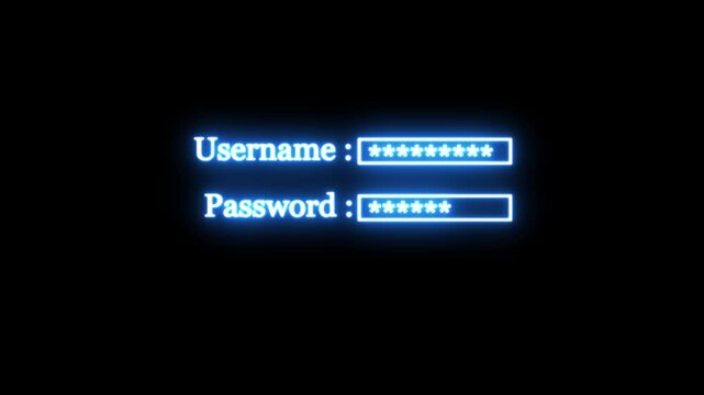 Neon glow animation of entering username and password with secure login interface and sign-in authentication in futuristic style.
