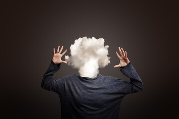Woman with head as a cloud. Burnout stress or thoughtlessness concept