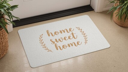 The mat with writing is typically positioned before the entrance door