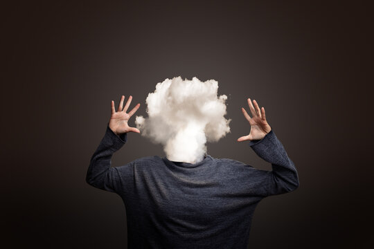 Woman with head as a cloud. Burnout stress or thoughtlessness concept