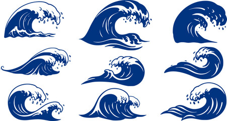 Oriental waves icons japan. Stylized ocean wave curls, japan style tsunami, sea swirls graphics collection. Oceanic water asian decorative ornamental splashes elements. Art vector illustration
