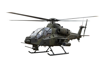 A modern stealth military helicopter in camouflage, with its propellers in motion isolated on white or transparent background. PNG format.
