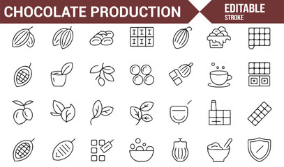 Chocolate Production Process Icons Including Cocoa Beans, Bars, and More