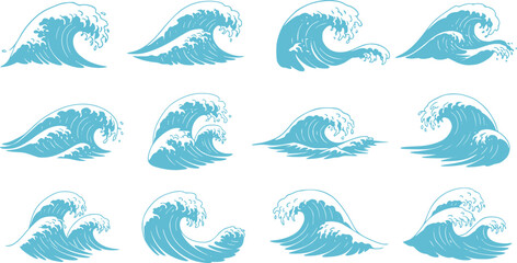 Fototapeta premium Oriental waves icons japan. Stylized ocean wave curls, japan style tsunami, sea swirls graphics collection. Oceanic water asian decorative ornamental splashes elements. Art vector illustration