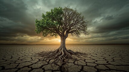 The idea of climate has evolved. A tree, half living and half withered, stands at a fork in the road. Protect nature.