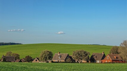 Obraz premium Small settlement amidst green fields and a serene blue sky