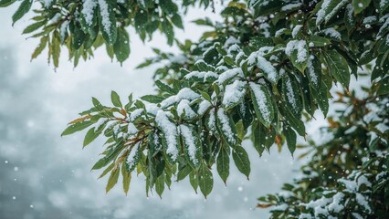 Obraz premium Early winter snow blanketing verdant plant leaves