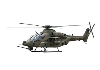 Fototapeta premium A modern stealth military helicopter in camouflage, with its propellers in motion isolated on white or transparent background. PNG format.