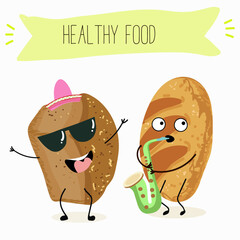 Baked food funny characters, hand drawn vector illustration.