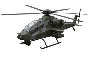 A modern stealth military helicopter in camouflage, with its propellers in motion isolated on white or transparent background. PNG format.