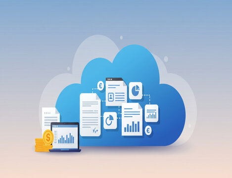 Cloud Computing and Financial Data Analysis Concept with Laptop, Charts, and Currency Symbols,cloud computing, financial data, laptop screen, gold coins, euro symbol, dollar sign, business reports,